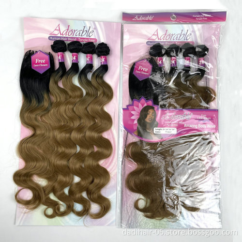 Adorable Full Packet Solution Synthetic Hair Bundles With Free 4*4 Machine Made Closure Amazing Body Wave 4pcs Ombre Color T1b27